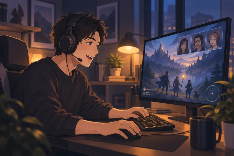 A gamer wearing a headset talks with remote teammates while exploring a fantasy world on a desktop computer.