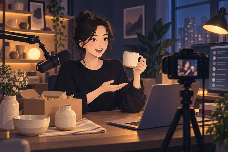 A livestream host demonstrates a ceramic cup to online buyers, with a camera, microphone and laptop in her studio.
