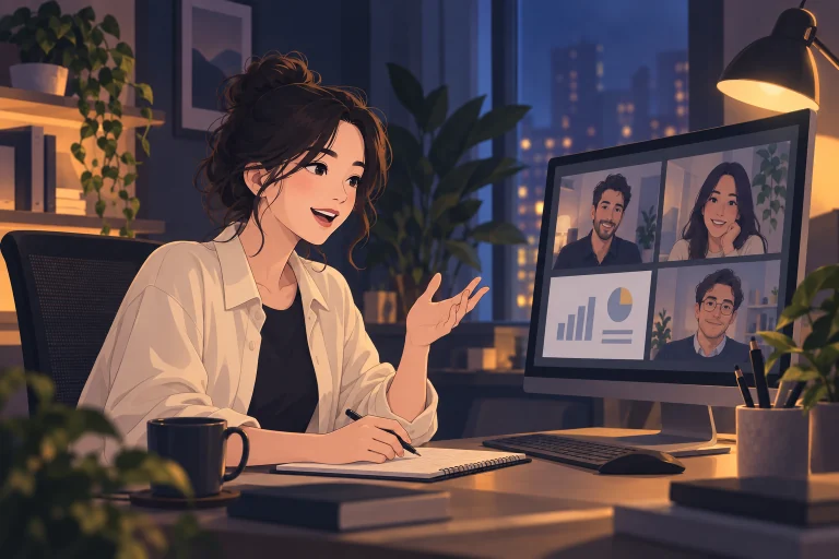 A woman speaks with colleagues on a video call from her home-office desk.